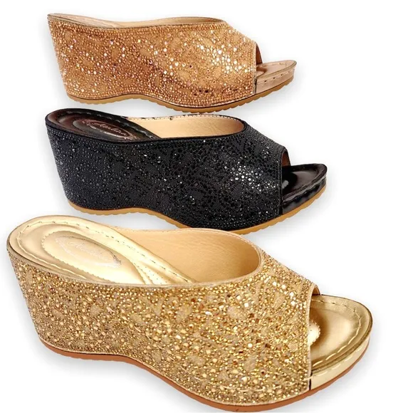 Size 8.5 Italina Silver Metallic Rhinestone Embellished Wedge Heel Wedding Shoe