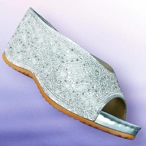 Size 8.5 Italina Silver Metallic Rhinestone Embellished Wedge Heel Wedding Shoe