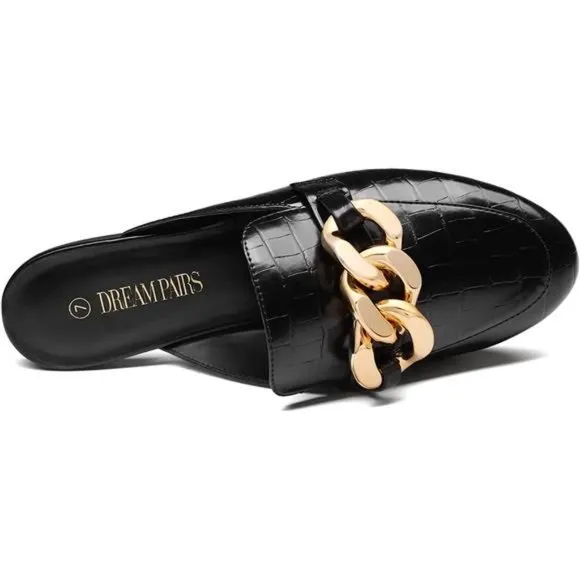 𝅺slides Loafers with Chain Backless Women’s Mules, Black