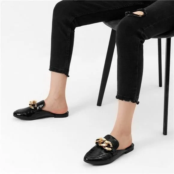 𝅺slides Loafers with Chain Backless Women’s Mules, Black