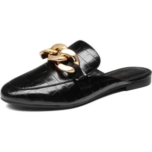 𝅺slides Loafers with Chain Backless Women’s Mules, Black