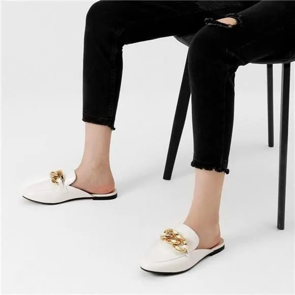 𝅺slides Loafers with Chain Backless Women’s Mules, White