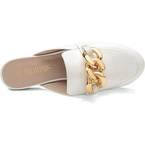𝅺slides Loafers with Chain Backless Women’s Mules, White