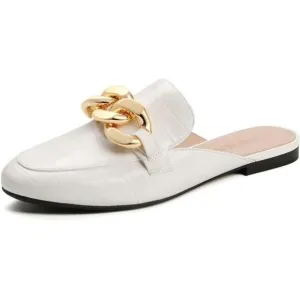 𝅺slides Loafers with Chain Backless Women’s Mules, White
