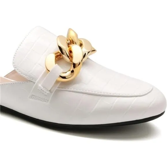 𝅺slides Loafers with Chain Backless Women’s Mules, White