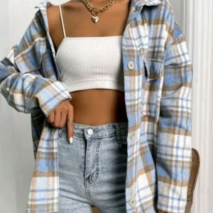 Soft Blue Plaid Flap Pocket Overcoat