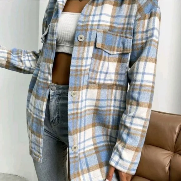Soft Blue Plaid Flap Pocket Overcoat