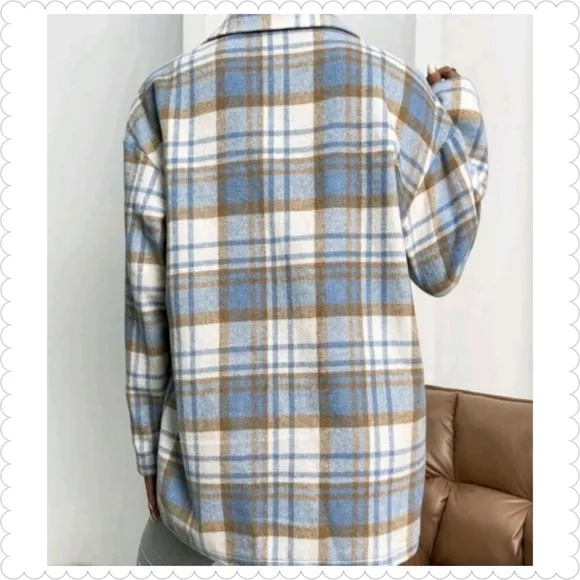 Soft Blue Plaid Flap Pocket Overcoat