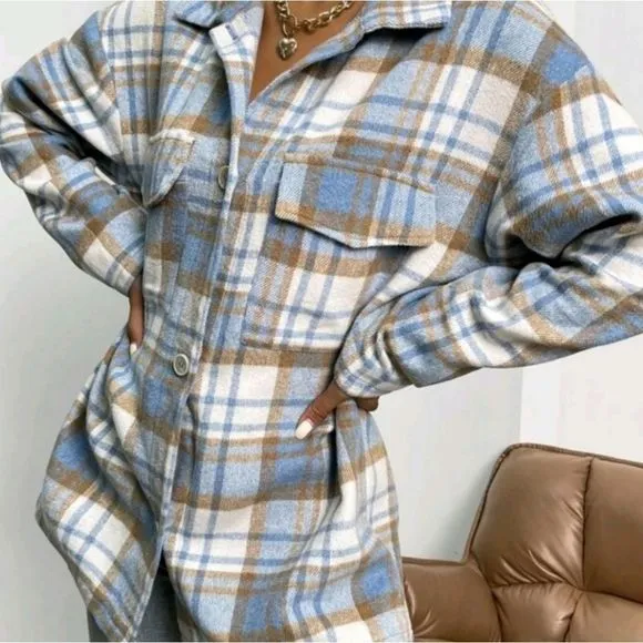 Soft Blue Plaid Flap Pocket Overcoat