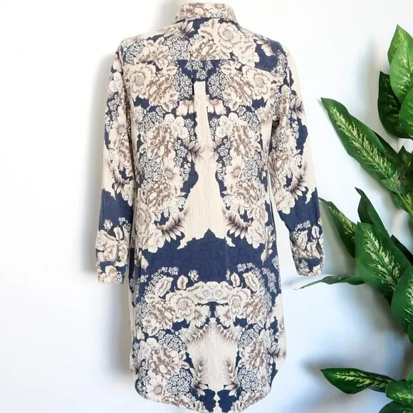 Soft Surroundings St. Remy Navy Blue Brown Cream Floral Boho Shirt Dress Tunic