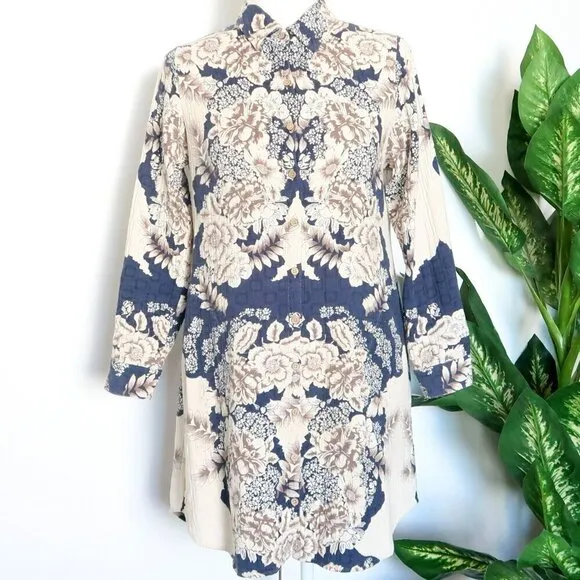 Soft Surroundings St. Remy Navy Blue Brown Cream Floral Boho Shirt Dress Tunic