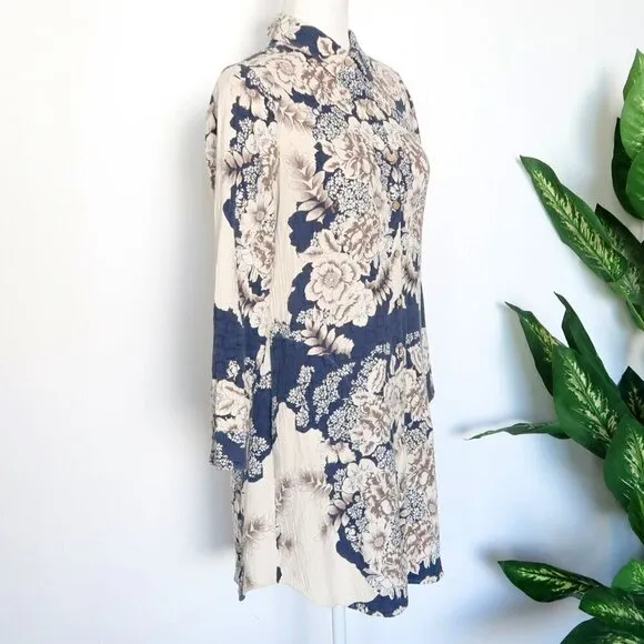 Soft Surroundings St. Remy Navy Blue Brown Cream Floral Boho Shirt Dress Tunic