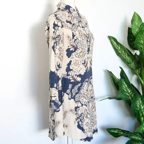 Soft Surroundings St. Remy Navy Blue Brown Cream Floral Boho Shirt Dress Tunic