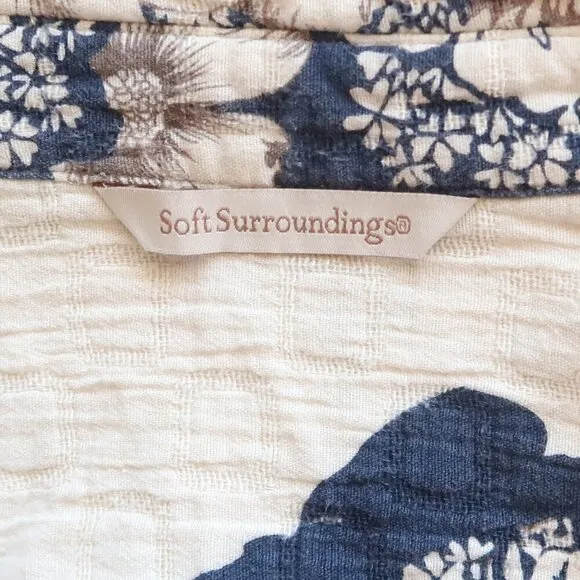 Soft Surroundings St. Remy Navy Blue Brown Cream Floral Boho Shirt Dress Tunic
