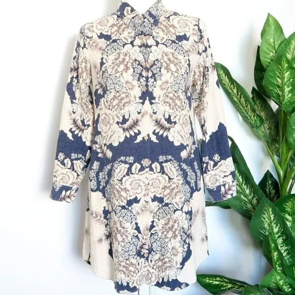 Soft Surroundings St. Remy Navy Blue Brown Cream Floral Boho Shirt Dress Tunic
