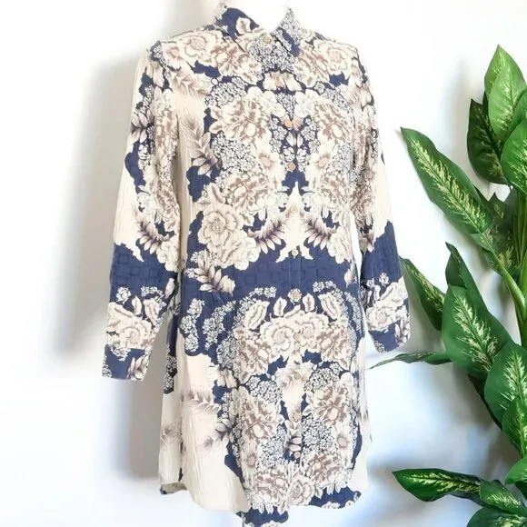 Soft Surroundings St. Remy Navy Blue Brown Cream Floral Boho Shirt Dress Tunic