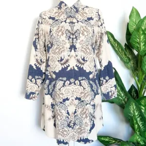 Soft Surroundings St. Remy Navy Blue Brown Cream Floral Boho Shirt Dress Tunic