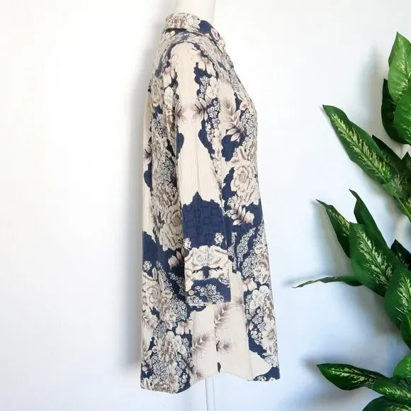 Soft Surroundings St. Remy Navy Blue Brown Cream Floral Boho Shirt Dress Tunic