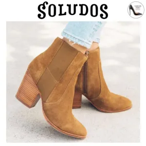 Soludos Emma Chesnut Suede Ankle Booties Brown Leather Casual Block Heel Boots 9