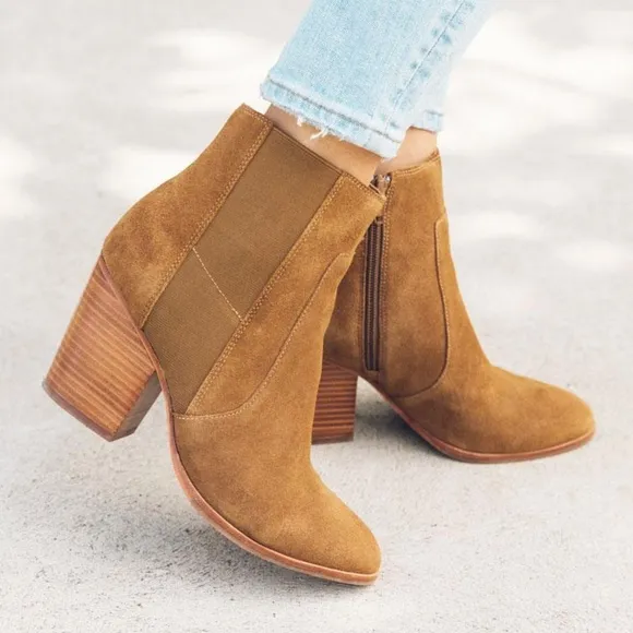 Soludos Emma Chesnut Suede Ankle Booties Brown Leather Casual Block Heel Boots 9