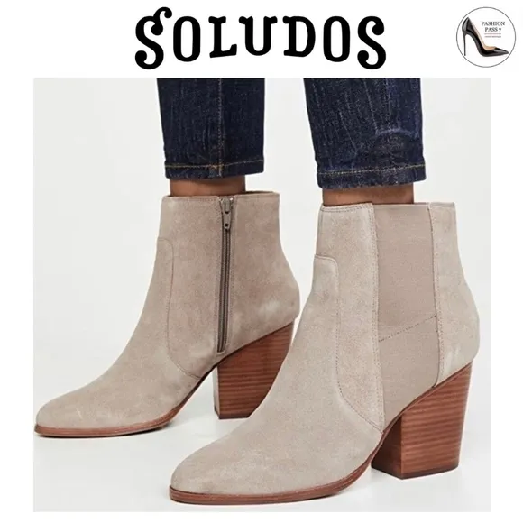 Soludos Emma Mineral Grey Suede Ankle Booties Leather Casual Block Heel Boots 9