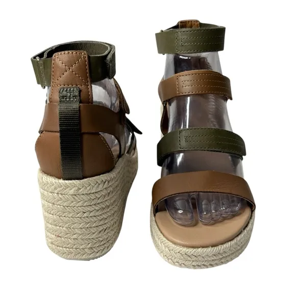 SOREL Cameron Multi Strap Leather Wedge Sandals Brown Olive Size 7