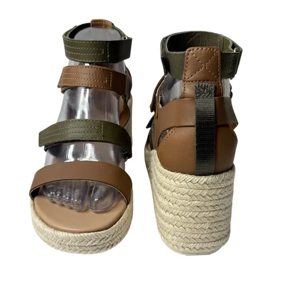 SOREL Cameron Multi Strap Leather Wedge Sandals Brown Olive Size 7