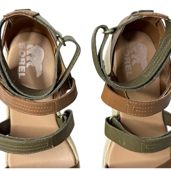 SOREL Cameron Multi Strap Leather Wedge Sandals Brown Olive Size 7