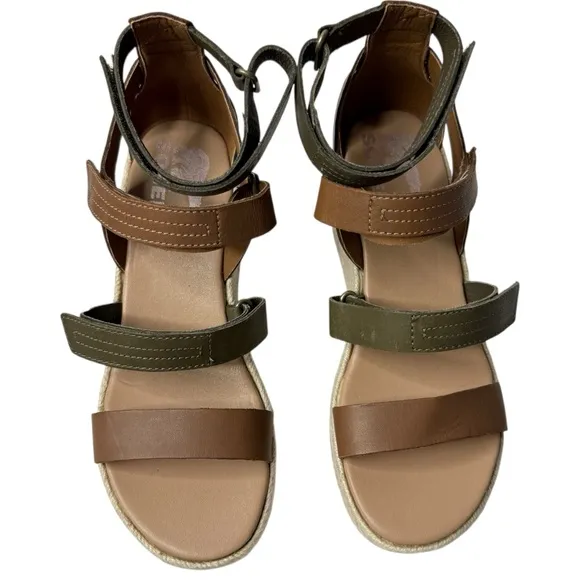 SOREL Cameron Multi Strap Leather Wedge Sandals Brown Olive Size 7