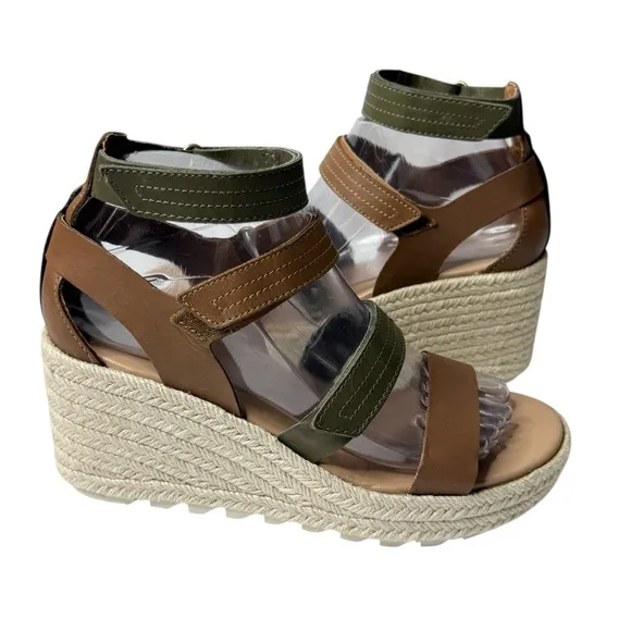 SOREL Cameron Multi Strap Leather Wedge Sandals Brown Olive Size 7