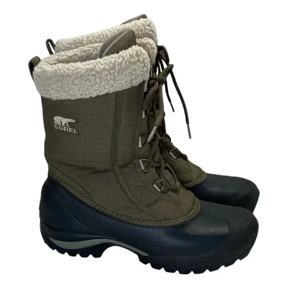 Sorel Cumberland Size 9 Insulated Winter Snow Boots Lace Up Olive Green Faux Fur