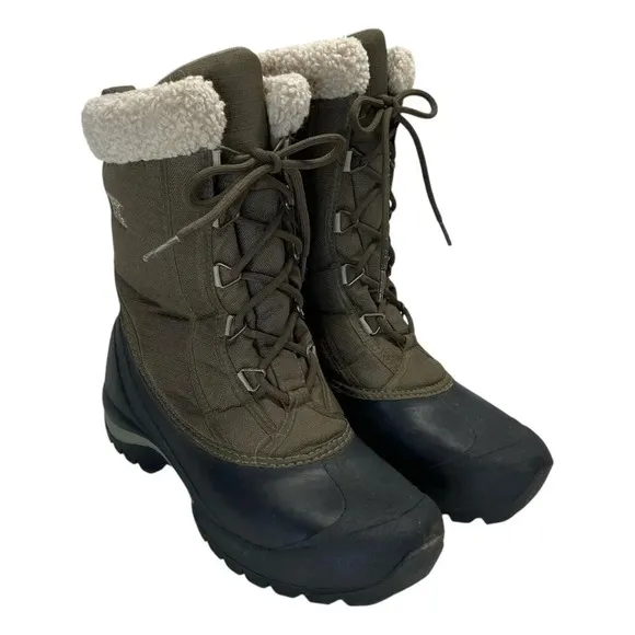 Sorel Cumberland Size 9 Insulated Winter Snow Boots Lace Up Olive Green Faux Fur