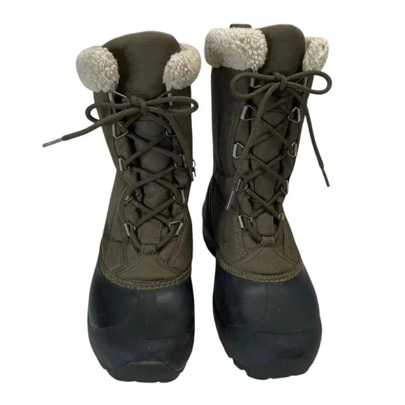 Sorel Cumberland Size 9 Insulated Winter Snow Boots Lace Up Olive Green Faux Fur