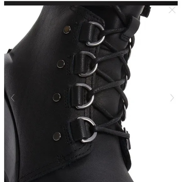 Sorel Women After Hours Lace Up Shearling Black Leather Wedge Boots fur collar 7