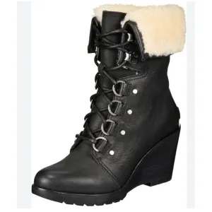 Sorel Women After Hours Lace Up Shearling Black Leather Wedge Boots fur collar 7