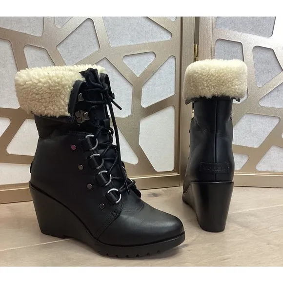 Sorel Women After Hours Lace Up Shearling Black Leather Wedge Boots fur collar 7