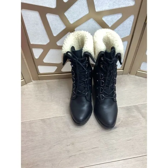 Sorel Women After Hours Lace Up Shearling Black Leather Wedge Boots fur collar 7