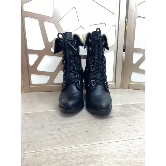 Sorel Women After Hours Lace Up Shearling Black Leather Wedge Boots fur collar 7