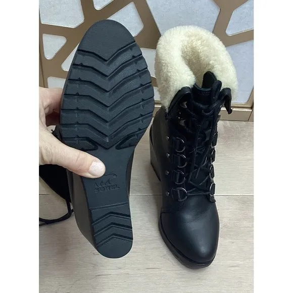 Sorel Women After Hours Lace Up Shearling Black Leather Wedge Boots fur collar 7