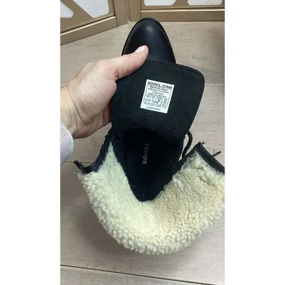 Sorel Women After Hours Lace Up Shearling Black Leather Wedge Boots fur collar 7