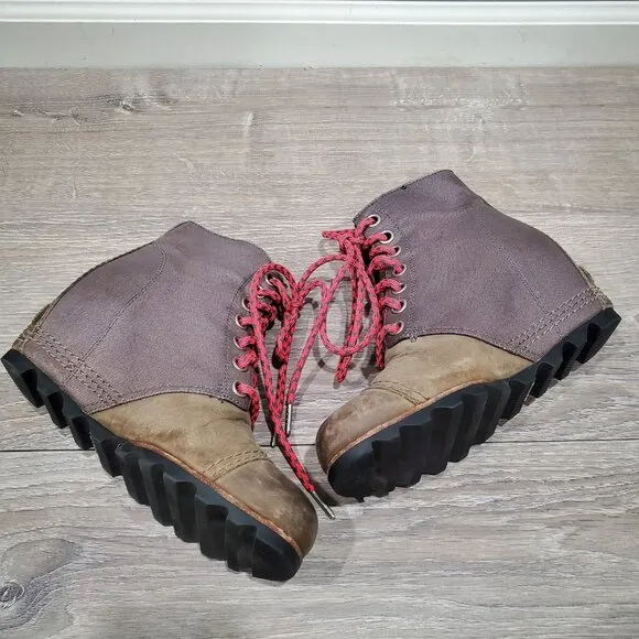 SOREL Women's PDX Boots Khaki Leather Canvas hidden Wedge Heel Lace Up Sz 9 READ
