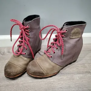 SOREL Women's PDX Boots Khaki Leather Canvas hidden Wedge Heel Lace Up Sz 9 READ