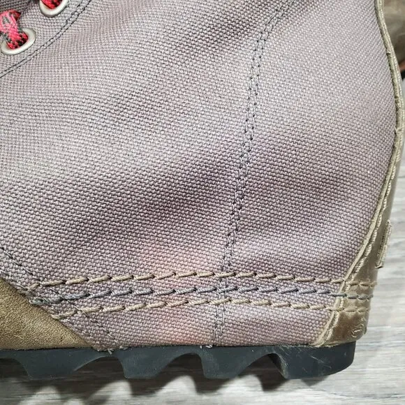 SOREL Women's PDX Boots Khaki Leather Canvas hidden Wedge Heel Lace Up Sz 9 READ