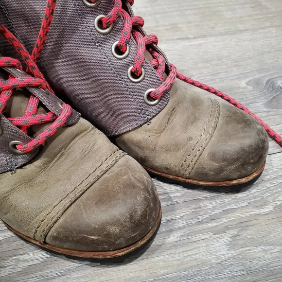 SOREL Women's PDX Boots Khaki Leather Canvas hidden Wedge Heel Lace Up Sz 9 READ
