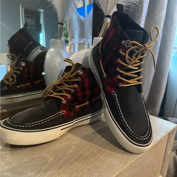 Sperry Red and Black Sneakers with Plaid Design