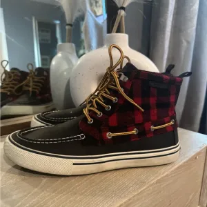 Sperry Red and Black Sneakers with Plaid Design