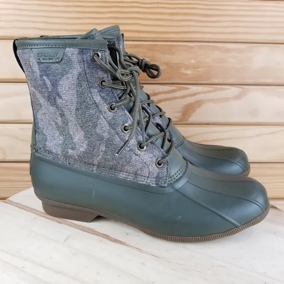 Sperry Top-Sider Men's 11.5 Saltwater Camo Duck Boots Lace-up Green STS23702 NEW