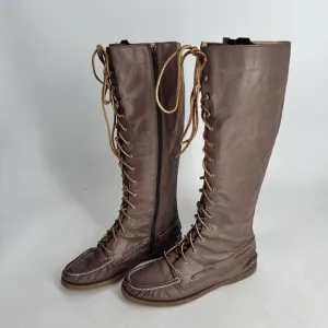 Sperry Womens Tall Knee High Lace Up Leather Boots Brown Moccasin Size 9.5 Flat