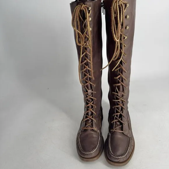 Sperry Womens Tall Knee High Lace Up Leather Boots Brown Moccasin Size 9.5 Flat