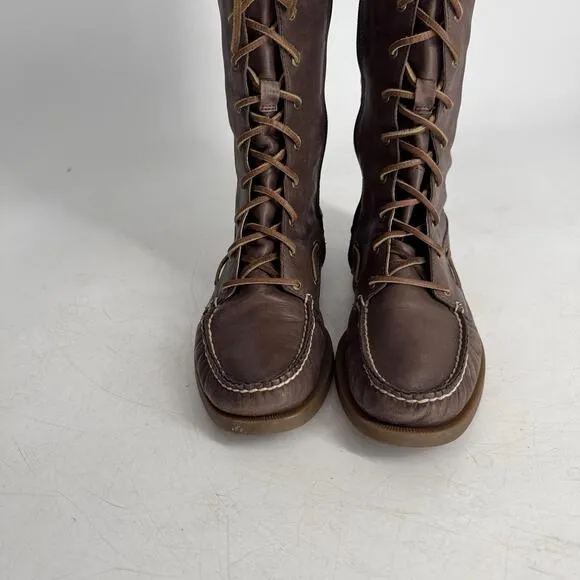 Sperry Womens Tall Knee High Lace Up Leather Boots Brown Moccasin Size 9.5 Flat